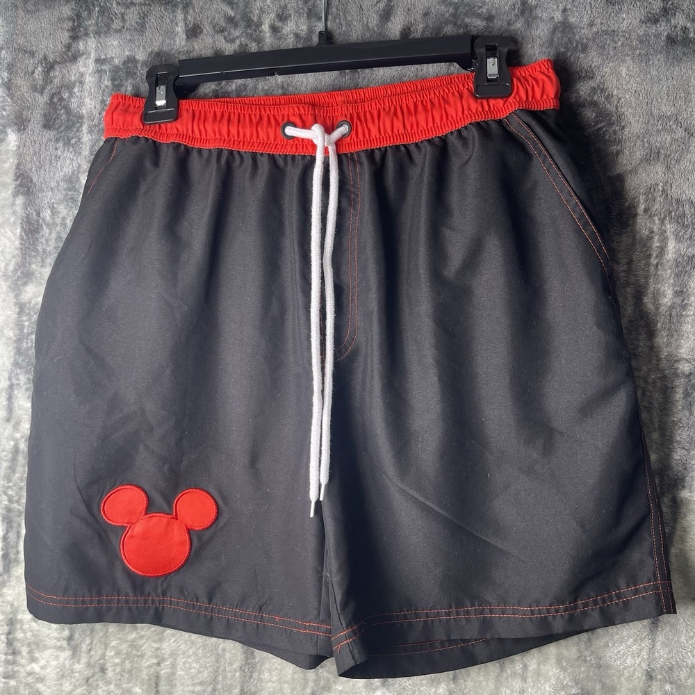 Disney Mickey Mouse Mens Medium Embroidered Shorts Inseam 6 In Black Drawstring